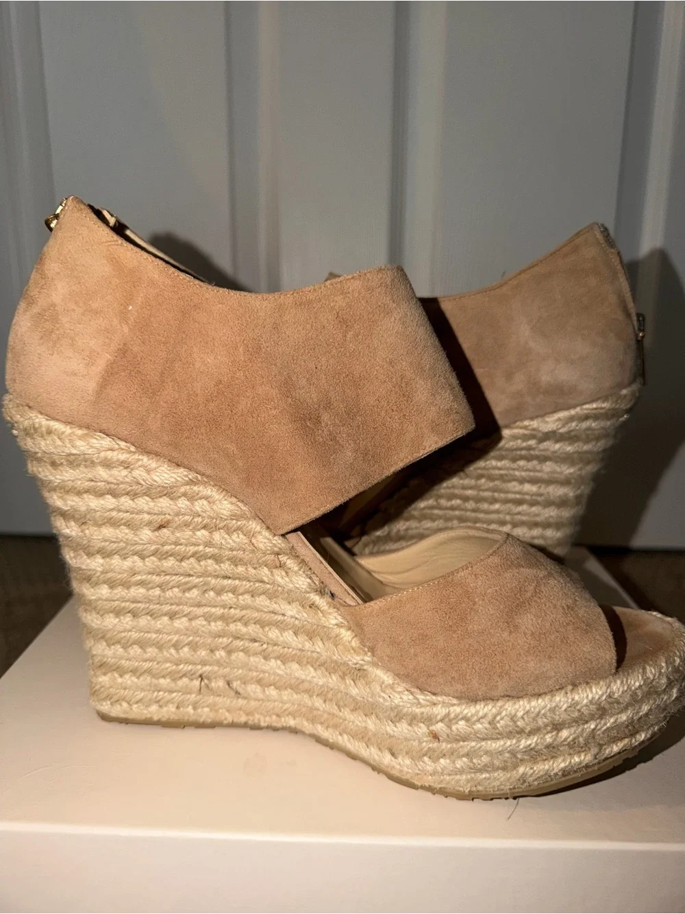 Jimmy Choo Suede 120mm Espadrille Platform Wedge Sandals Nude Tan Size [SIZE]